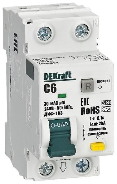DEKraft 16586DEK Автоматический выключатель дифференциального тока АВДТ 1P+N 6А 30мА A х-ка C ДИФ-103 4.5кА