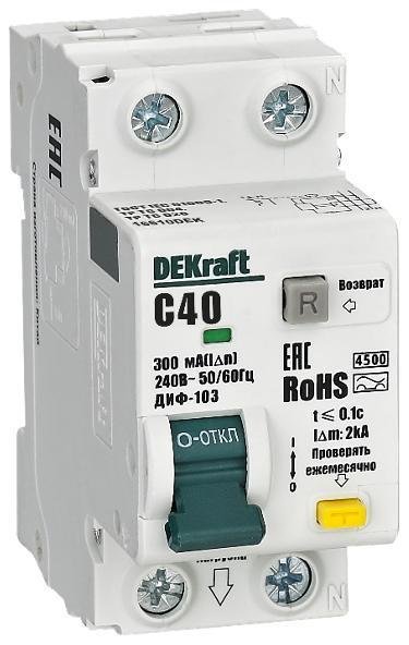 DEKraft 16610DEK Автоматический выключатель дифференциального тока АВДТ 1P+N 40А 300мА A х-ка C ДИФ-103 4.5кА