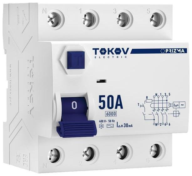 TOKOV electric TKE-PZ60-RCDM-4-50-30-AC Выключатель дифференциального тока (УЗО) 4п (3P+N) 50А 30мА тип AC 6кА PRIZMA