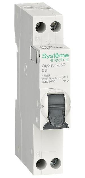 Systeme Electric C9D33606 АВДТ City9 1П+Н C6 4500A 30мА AC 18мм