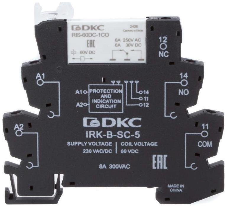 DKC IRK-230UC-1CO-R Реле интерфейсное, 1CO, ком. ток 6А, AgSnO?, напряжение 230V AC/DC, RC- цепь, винтовые клеммы. [в упаковке 20, цена за 1 шт]