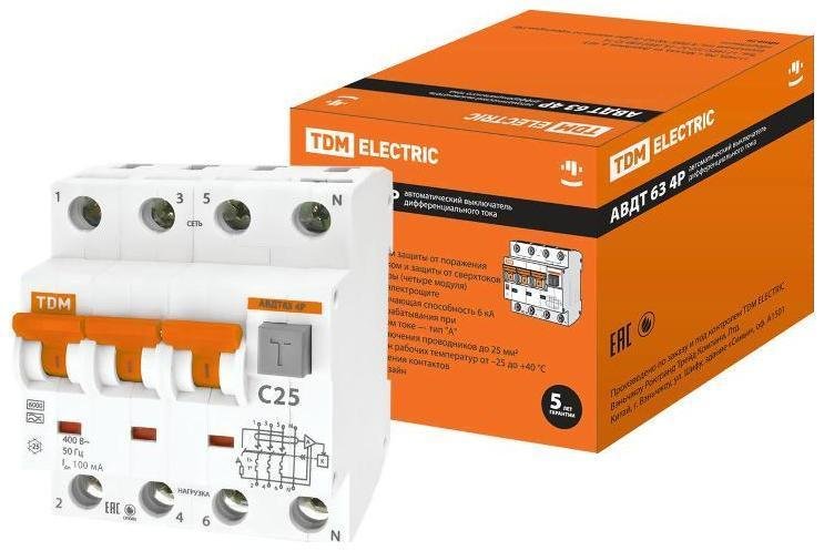 TDM electric SQ0202-0022 Выключатель автоматический дифференциального тока АВДТ 63 3п+N 25А C 100мА тип A