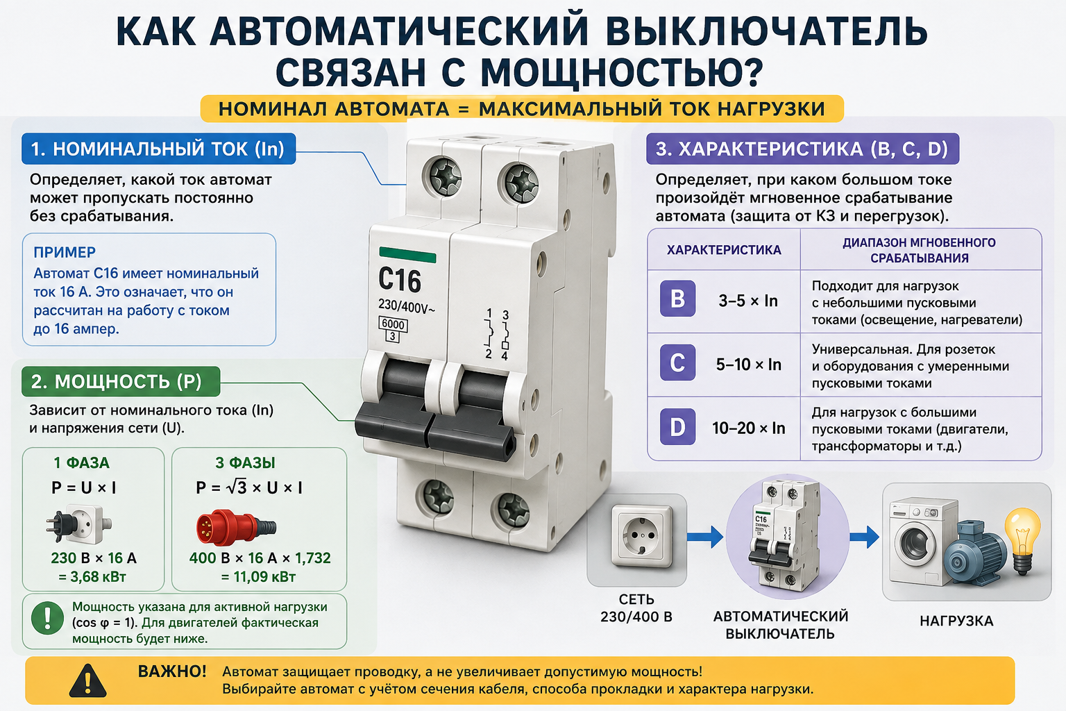 Как мощность нагрузки связана с номиналом автоматического выключателя B, C и D