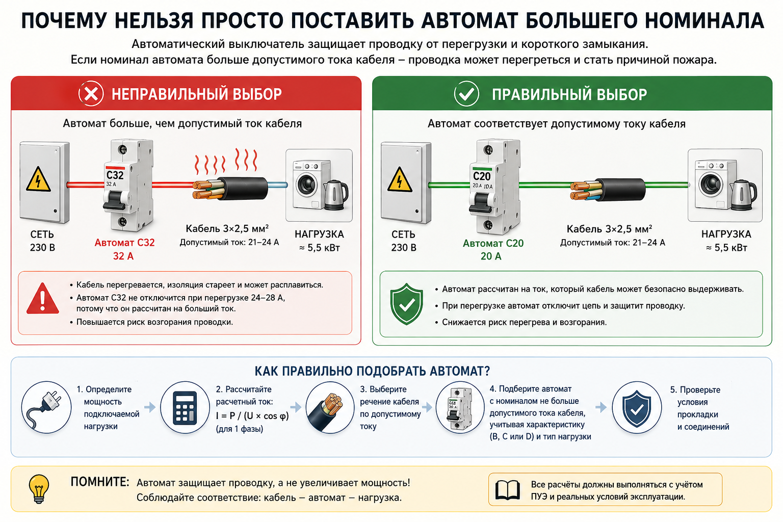Почему нельзя устанавливать автомат большего номинала без проверки кабеля