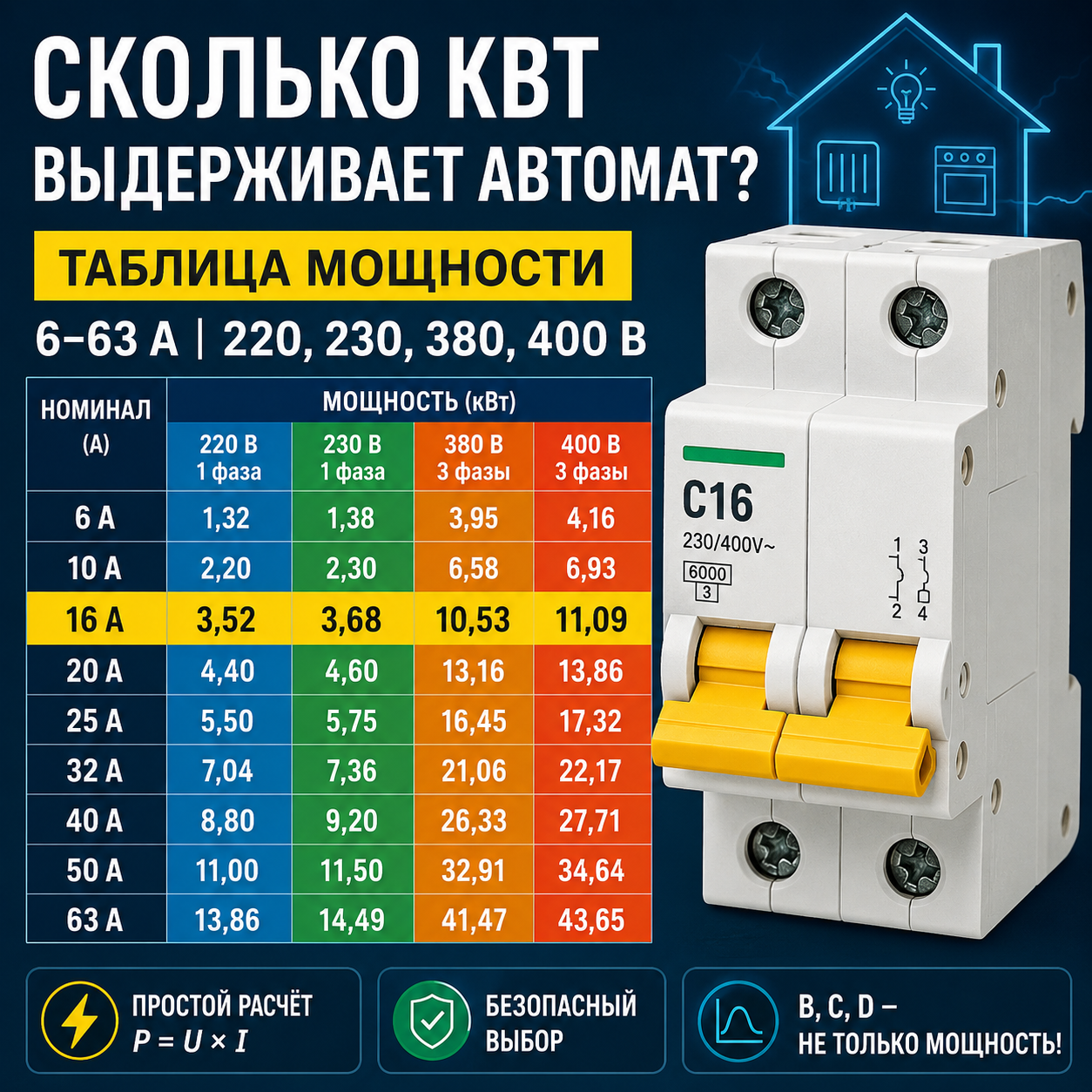 Сколько киловатт выдерживает автомат: таблица мощности для 6–63 А при 220, 230, 380 и 400 В